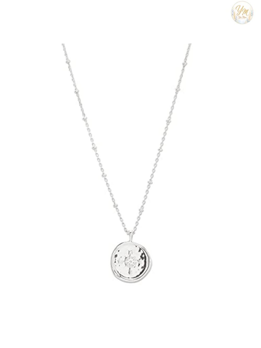 Silver Plated Brass Compass Coin Pendant Necklace with 17-19 Inch Chain